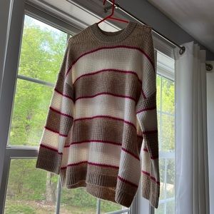 American Eagle Waffle Tan/White/Pink Striped Oversized Sweater